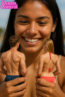 bikini giantess blonde black_hair long_hair butt swimsuit teeth brunette lips black_eyes grin shorts shrunken_woman shrunken_man back tan bikini_top looking_at_viewer facial_hair ai_art 1boy tanline handheld smiling latina realistic queencontrol tiny_couple
