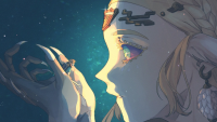blonde space long_hair handheld dress shrunken_woman night sky jewelry braid night_sky star_(sky) pu_hegg giantess drawing