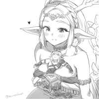 giantess breasts furry blushing monochrome long_hair cat_ears smiling gloves navel heart open_mouth jewelry striped braid necklace looking_at_viewer bare_shoulders bangs pointed_ears circlet between_breasts link_(the_legend_of_zelda) greyscale keirenkun 1girl 1boy parted_bangs