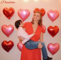 gentle collage blonde long_hair clothed handheld smiling dress mini_giantess balloons necklace looking_at_viewer valentines_day phantom