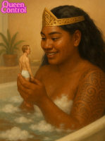 handheld bath queencontrol polynesian breasts black_hair long_hair water crown shrunken_man dark_skin tattoo soapy looking_at_tiny ai_art