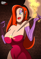 wings blonde large_breasts long_hair butt cleavage green_eyes fairy sweat gloves red_hair dress tinkerbell shrunken_woman jessica_rabbit thighs disney earrings looking_at_tiny bare_legs cutaway between_breasts dncsamsonart