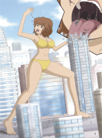 bikini breasts drawing giantess vore city mega color large_breasts tongue swimsuit destruction handheld toes barefoot rampage cleavage buildings saliva brunette short_hair open_mouth falling thighs outdoors running_away teenage_mutant_ninja_turtles reporter april_oneil cracked_ground thedaibijin bare_legs cutaway bare_midriff looking_at_tinies mass_vore