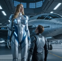tallest_woman_vibes gentle blonde space long_hair clothed spaceship mini_giantess standing size_comparison science_fiction space_suit ai_art