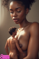 nipples black_hair large_breasts huge_breasts smiling lips short_hair dark_skin closed_eyes interracial realistic 1boy shiny_skin dark_areolae breasts nude hugging queencontrol