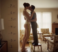 gentle butt barefoot brunette kissing amazon standing size_comparison living_room top measuring stool measuring_tape ai_art shrunken_man enhanced_art