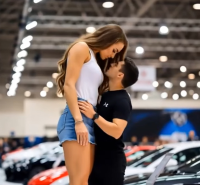 gentle long_hair clothed brunette kissing amazon shorts standing size_comparison top car_dealership ai_art sports_cars giantess shrunken_man