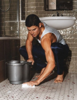 crush giant barefoot shrinking gore men bathroom cleaning splats collage black_hair toes muscles crouching sink