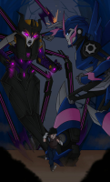 breasts drawing giantess horns mega black_hair color robot blue_eyes claws purple_eyes sweat fangs fighting giantesses forest fist trees running_away transformers arcee jack_darby airachnid neneobligar night
