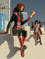 breasts giantess city black_hair large_breasts long_hair crossover cleavage buildings gloves red_hair mini_giantess boots sitting thighs costume lois_lane cape giant_girl belt leotard power_girl legs_crossed digital_render dc_comics mary_jane bare_legs marvel_comics between_breasts ci0 soda_cup superman spider-man