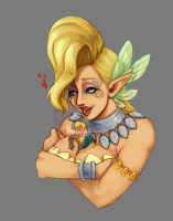 breasts giantess blonde large_breasts long_hair lips ponytail heart shrunken_man nose lipstick jewelry bracelet makeup pointed_ears grey_background armlet between_breasts 1girl 1boy