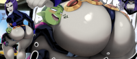 breasts blushing horns large_breasts butt purple_hair raven short_hair thong open_mouth thighs leotard sharp_teeth wide_hips thick_thighs ass_grab 1girl 1boy ass_focus giantess teen_titans beast_boy drawing comic color costume belt dialogue green_skin looking_at_tiny dc_comics bare_legs grey_skin ravenravenraven angry