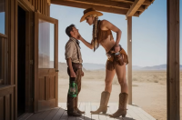gentle blonde long_hair clothed bra skirt desert boots cowgirl amazon standing size_comparison braid cabin cowboy_hat porch western bare_midriff ai_art