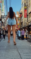 gentle black_hair long_hair butt clothed asian mini_giantess legs shorts walking looking_up market ai_art giantesshug