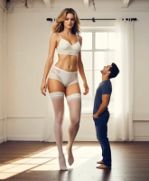 giantess gentle panties blonde long_hair clothed barefoot bra mini_giantess standing size_comparison apartment lace ai_art