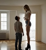 gentle blonde long_hair clothed mini_giantess boots shorts looking_down standing size_comparison top ai_art giantess