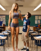 giantess gentle blonde long_hair clothed mini_giantess standing size_comparison top classroom desks bare_midriff ai_art yoga_shorts