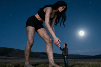 gentle giantess black_hair long_hair clothed barefoot asian shorts bending_over standing dirty size_comparison field top holding_hands ai_art