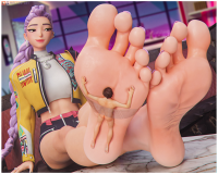 feet long_hair toes barefoot soles purple_hair smiling lips pink_hair foot_worship sitting trapped under_foot jacket nail_polish toenails braid earrings looking_at_viewer digital_render bare_midriff squished 1girl pov_feet mei_lee_art giantess shrunken_man rumi kpop_demon_hunters