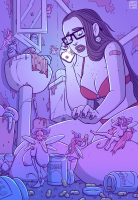 breasts drawing long_hair cleavage glasses weapon lipstick bathroom nail_polish jars makeup bandaid medium_breasts limited_palette gradient monsieurrobot maxgro giantess breast_expansion fairies