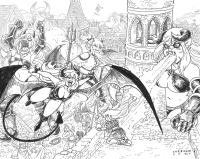 giantess vore soul_vore demons souls shabazik breasts drawing furry horns tail wings monochrome large_breasts long_hair armor navel weapon demoness bikini_armor greyscale multiple_girls strapless war