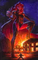 breasts drawing giantess mega color long_hair claws cleavage high_heels red_hair boots fire forest night thighs costume cape stars x-men wolverine skull looking_at_tiny bare_legs cyclops leather_clothing marvel_comics x-mansion steven_defendini goblin_queen madelyne_pryor
