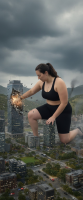 breasts giantess crush city black_hair long_hair buildings ponytail shorts trample rain skyscraper sky top punching solo realistic ai_art 1girl black_tank_top