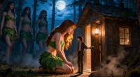 gentle giantess black_hair long_hair clothed barefoot red_hair kneeling women night cabin leaves bare_midriff ai_art