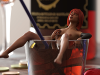breasts nipples barefoot topless small_breasts lips red_hair short_hair sitting shrunken_woman shrunken_man nose digital_render marshgts 1girl giantess mini_giantess