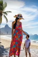 tallest_women long_hair beach barefoot brunette smiling mini_giantess standing size_comparison hat sundress hand_on_head ai_art