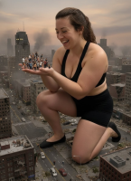 giantess breasts collage city mega destruction handheld cleavage buildings brunette unknown_artist kneeling shorts thighs crowds source_needed bare_legs bare_midriff looking_at_tinies sportsbra ai_art