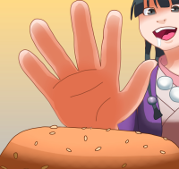 drawing giantess saliva hand looming unaware shrunken_man food food_play ace_attorney imminent_vore hamburger maya_fey nano dapebbleart breasts color reaching open_mouth no_background