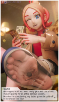 nude cum blue_eyes toes shoes brunette red_hair foot_crush shorts shrunken_man indoors jacket dialogue legs_crossed money winking digital_render clothing_entrapment shoe_entrapment taunie mei_lee meileearts breasts