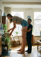 tall_tales gentle long_hair butt clothed barefoot brunette smiling asian amazon shorts bending_over hugging living_room top plants ai_art watering