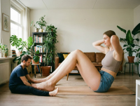 gentle long_hair clothed barefoot brunette mini_giantess foot_worship sitting shorts living_room top yoga_mat ai_art sit_ups exersizing tall_tales