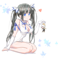 giantess breasts drawing white_hair blushing mega black_hair color blue_eyes handheld barefoot cleavage gloves kneeling twintails shrunken_man dangle bow no_background looking_at_tiny bare_legs hestia is_it_wrong_to_try_to_pick_up_girls_in_a_dungeon
