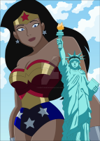 breasts drawing giantess mega black_hair color large_breasts long_hair blue_eyes cleavage clouds thighs costume statue wonder_woman earrings statue_of_liberty leotard bracelet tiara dc_comics bare_legs nightcore100