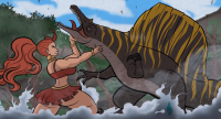 drawing giantess color large_breasts long_hair butt claws bra skirt water giganta red_hair ponytail dinosaur jungle fangs fighting thighs earrings top bracelet thick_thighs dc_comics bare_legs bare_midriff azerotyh spinosaur
