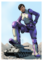 breasts drawing giantess mega black_hair color large_breasts military tank brown_eyes gloves asian short_hair boots foot_crush mountains thighs belt jumpsuit hands_on_hips dessert spider-man marvel_comics yuri_watanabe giant_woman_squad earth_2620 adagadegelo armor