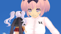 giantess pink_hair uniform shrunken_woman looking_at_tiny digital_render track_suit cgi