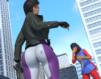 breasts giantess city black_hair butt handheld buildings butt_crush gloves asian mask dangle dark_skin thighs jacket costume belt jumpsuit looking_behind zipper stuck_to_butt digital_render ms_marvel marvel_comics kamala_khan peter_parker yuri_watanabe giant_woman_squad anttiergod spider-man