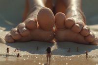 giantess feet beach toes water day shrunken_woman shrunken_man tinies ai_art