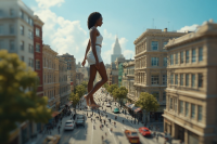 black_hair buildings short_hair day skyscraper cloud standing outdoors sky bare_shoulders sleeveless rooftop 1girl giantess crush city foot_crush walking dark_skin ai_art