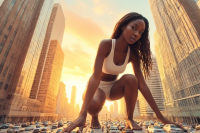 feet city barefoot buildings dark_skin crouching giatness ai_art tinies point_of_view crowching