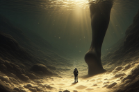 giantess feet barefoot ocean diving point_of_view imminent_death imminent_crush imminent_footcrush ai_art underwater shrunken_man scuba_diver giant male