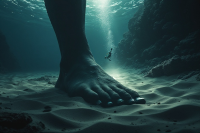 shrunken_man scuba_diver ai_art giantess feet barefoot ocean diving point_of_view imminent_death imminent_crush imminent_footcrush