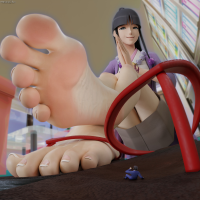 breasts black_hair barefoot skirt indoors necklace legs_crossed looking_at_tiny giantess feet toes soles sandals shrunken_man ace_attorney phoenix_wright digital_render maya_fey mistral_luv