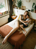 gentle long_hair clothed barefoot cleavage bed brunette lying_down mini_giantess shorts bedroom cuddling ai_art