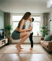 gentle clothed barefoot mini_giantess kissing standing crouching living_room apartment sports_bra ai_art yoga_shorts