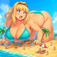 drawing giantess beach water ocean sun palm_tree tinies umbrella ai_art